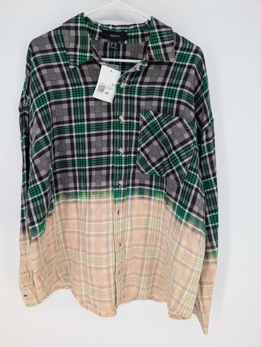 Forever 21 New Plaid Long Shirt OX 1X Ombre Bleach Dye Y2K